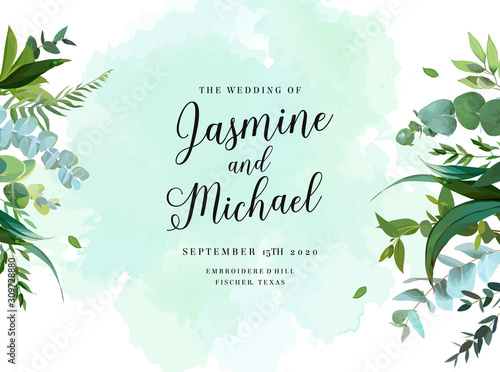 Herbal vector frame with watercolor style splash