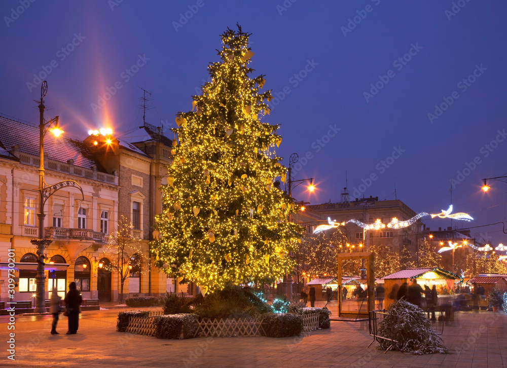 Holiday decorations of Kossuth square in Debrecen. Hungary