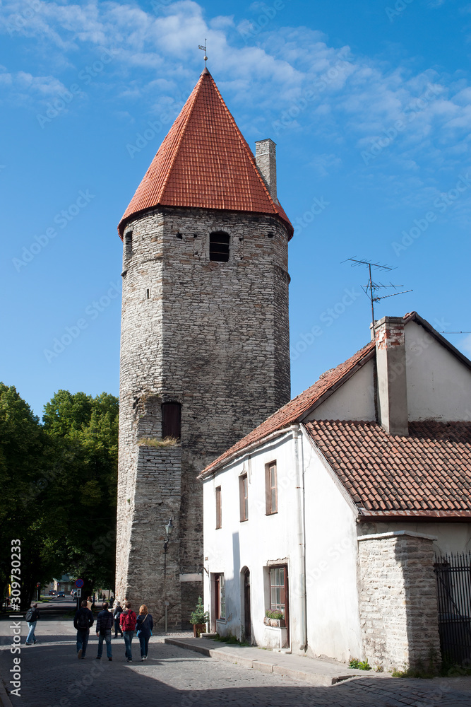 Tallinn Estonia, street scene with tower of old city wall