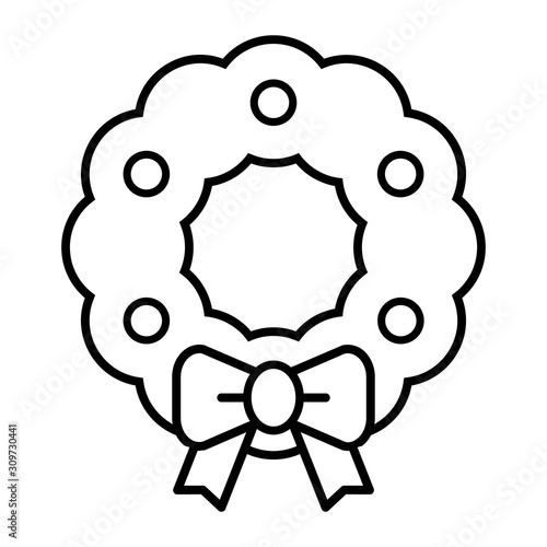 New Year, Christmas decor icon. Pine tree wreath with bow illustration. Vector design.