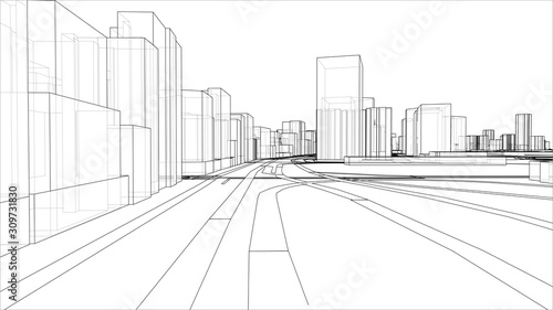 Sketch of 3D city with buildings and roads. Vector