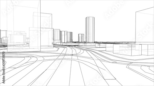 Sketch of 3D city with buildings and roads. Vector