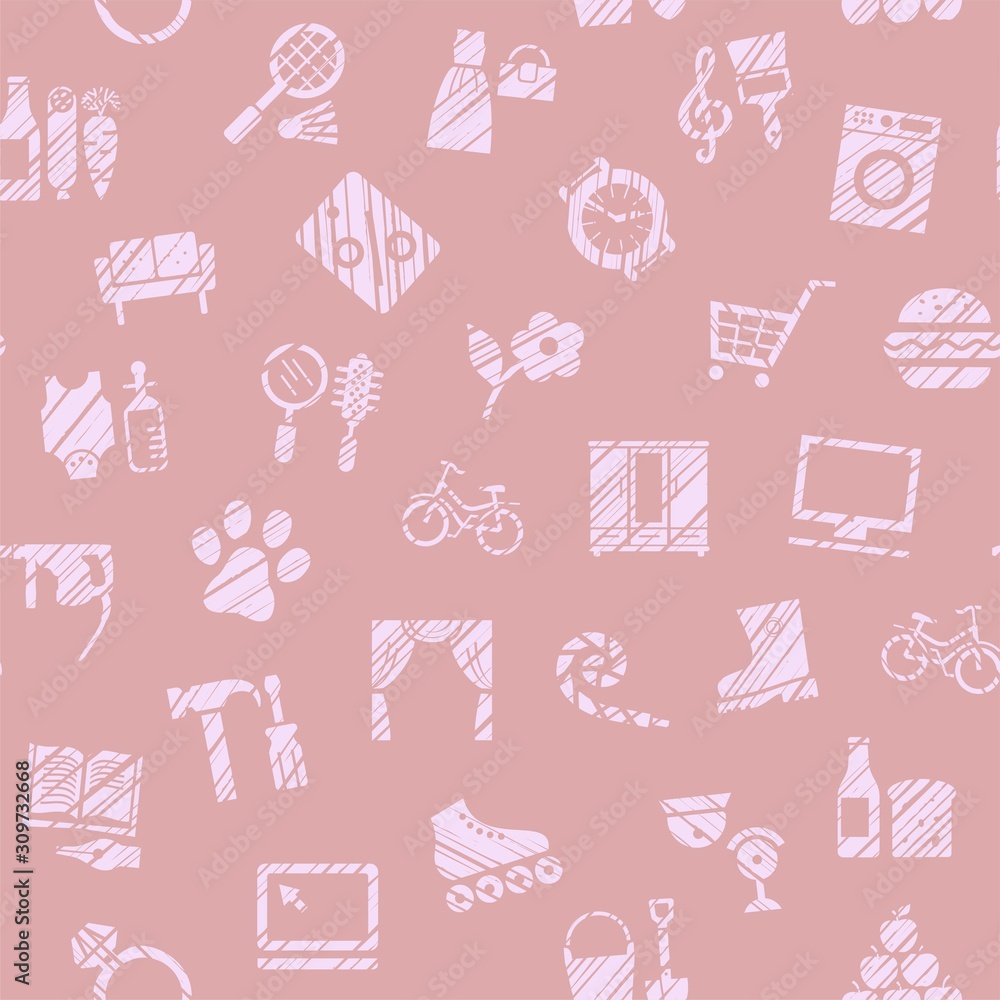 Shops, seamless pattern, color, hatching, pink, vector. Different product categories. Imitation of pencil hatching.  