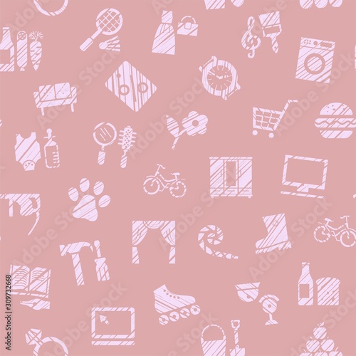 Shops, seamless pattern, color, hatching, pink, vector. Different product categories. Imitation of pencil hatching. 
