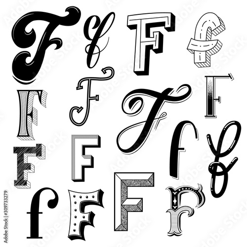 Hand drawn set of different writing styles for letter E