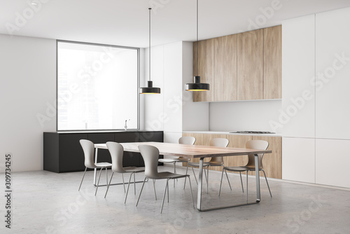 White kitchen corner  gray countertops and table