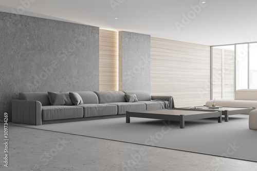 Photography Concrete and wood living room corner with sofa