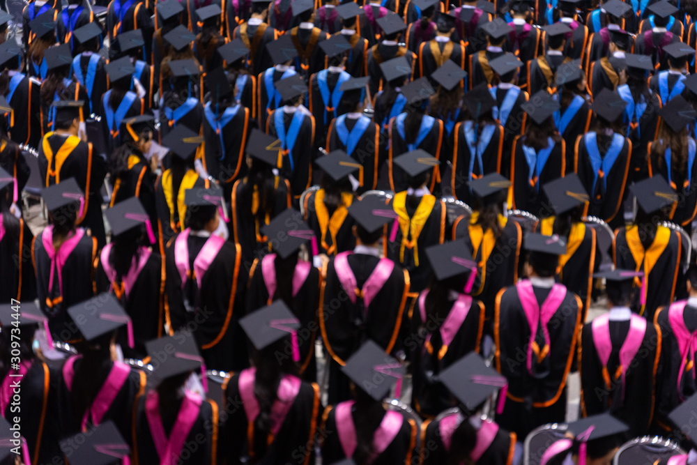 Fototapeta premium Rear view and soft selective focus of the graduates in the graduation commencement ceremony recieving diploma degree certificate.