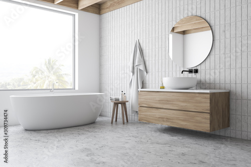 Papier peint Loft white tile bathroom corner, tub and sink