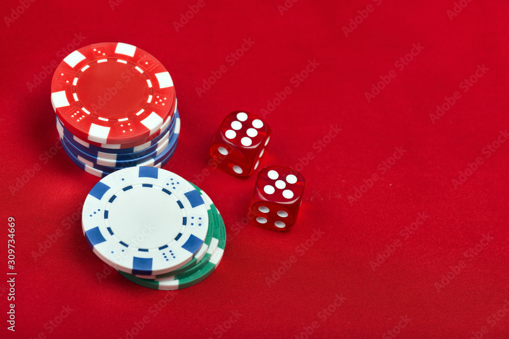 Dices and casino chps on red background Dices and casino chps on red background