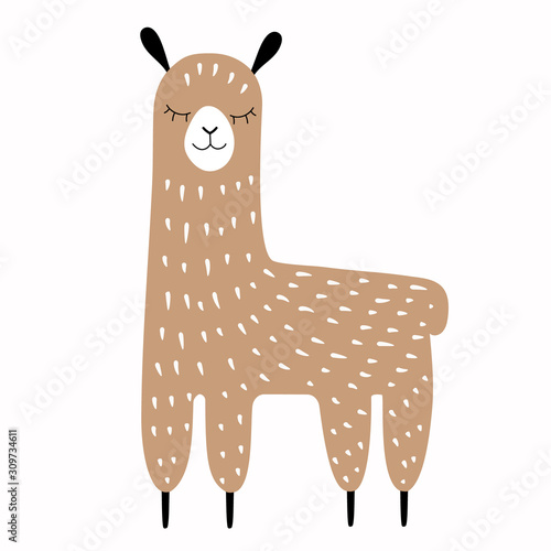 Cute standing llama coffee color scandinavian style. Nice flat cartoon little animal. Stock vector illustration isolated on white background.