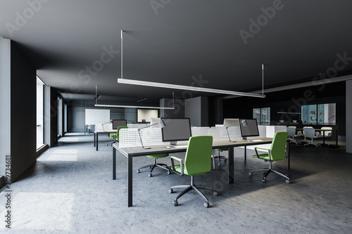 Gray office with green chairs and meeting room © ImageFlow