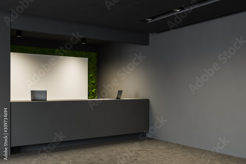 Gray reception desk corner in eco style