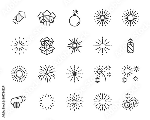 set of firework  icons, happy new year, bomb, celebration