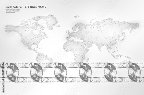 Blockchain global business symbol concept. Chain connection World map information security. 3D low poly polygonal geometric design. Global technology e-commerce online vector illustration