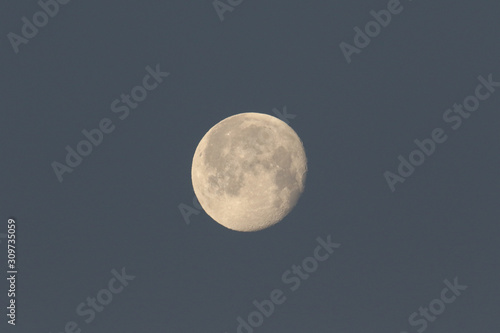 The magnificent December Moon in the morning in the blue sky in the UK.