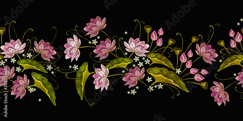 Embroidery pink water lotus flowers. Horizontal seamless pattern. Fashion clothes template, t-shirt design