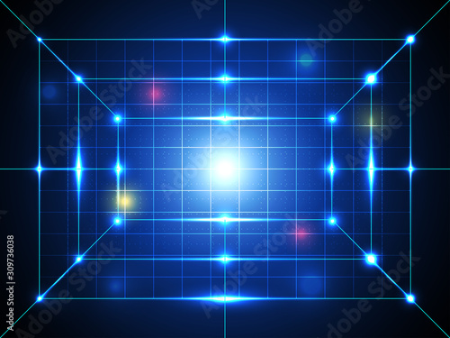 Blue abstract background with lines of technology and science concepts.
