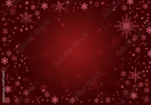 Red Winter Background with snowflakes. Christmas card.