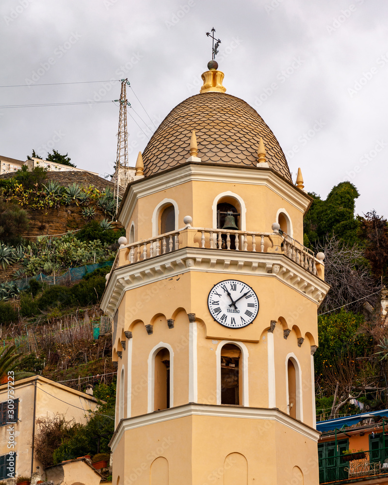 Vernazza in the Five Lands, Italy. View of the bell tower of the church of 
