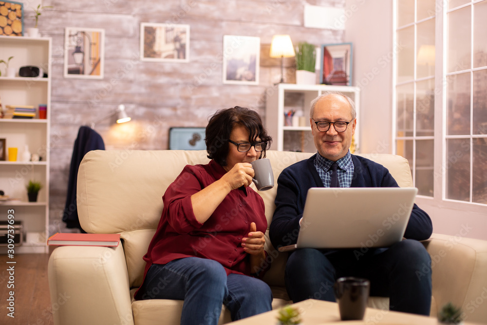 Elderly old couple using modern laptop to chat with their grandson Elderly old couple using modern laptop to chat with their grandson