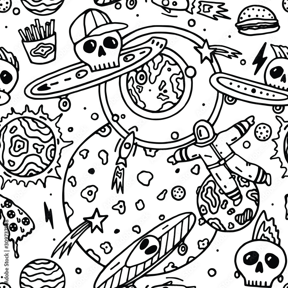 Abstract Vector background. T shirt design. Doodle. Space Skateboarding. Eating fast food, pizza, french fries, hamburger. Cool skull illustration. Spaceman in the sky, stars, planet, cosmos, rockets.