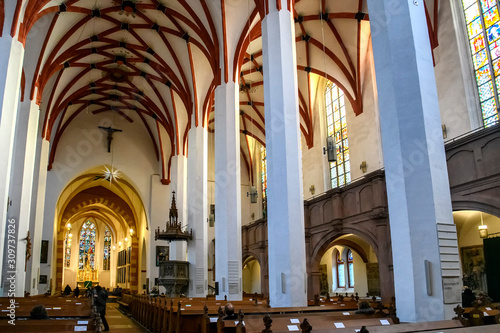 Interior of Lutheran St Thomas Church Thomaskirche in Leipzig  Germany. November 2019