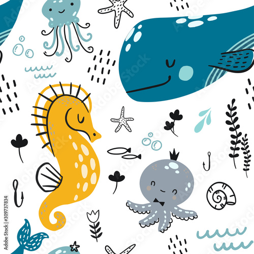 Vector flat doodle underwater childish pattern a