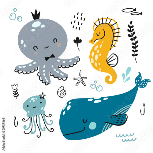 Vector flat doodle underwater childish pattern a
