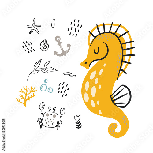 Vector doodle seahorse underwater life pattern a