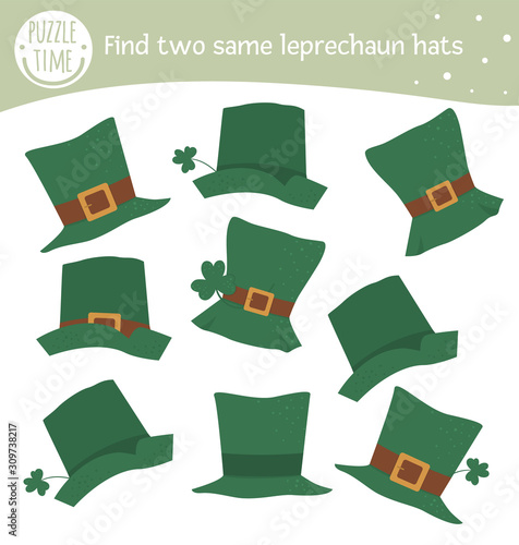 Find two same leprechaun’s green hats. Saint Patrick’s Day matching activity for preschool children with elf clothes. Funny spring game for kids. Logical quiz worksheet..