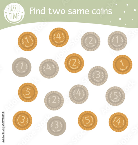 Find two same coins. Saint Patrick’s Day matching activity for preschool children with money. Funny spring game for kids. Logical quiz worksheet..