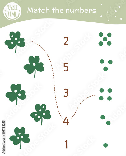 Matching game with shamrock leaves. Saint Patrick’s Day math activity for preschool children. Spring counting worksheet. Educational riddle with cute funny elements..
