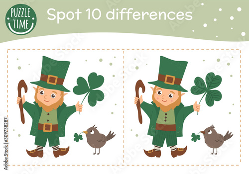 Saint Patrick’s Day find differences game for children. Spring holiday festive preschool activity with leprechaun. Puzzle with cute funny smiling characters..