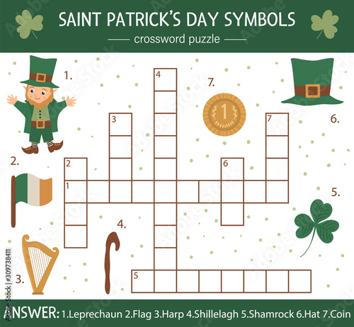 Vector Saint Patrick’s Day crossword puzzle. Bright and colorful spring quiz for children. Educational Irish holiday activity with leprechaun, hat, shamrock..