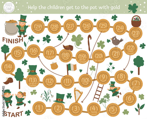 Saint Patrick’s Day adventure board game for children with sports and activities. Educational spring holiday boardgame. Help the children get to the pot with gold..