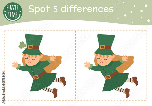 Saint Patrick’s Day find differences game for children. Spring holiday festive preschool activity with green fairy. Puzzle with cute funny smiling characters..