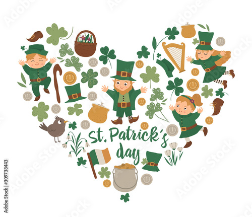 Vector Saint Patrick’s Day frame with leprechaun, shamrock isolated on white background. Irish holiday themed banner or invitation framed in heart shape. Cute funny spring card template..
