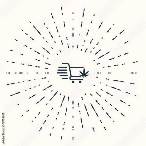 Grey Shopping cart with marijuana or cannabis leaf icon isolated on beige background. Online buying. Delivery service. Supermarket basket. Abstract circle random dots. Vector Illustration