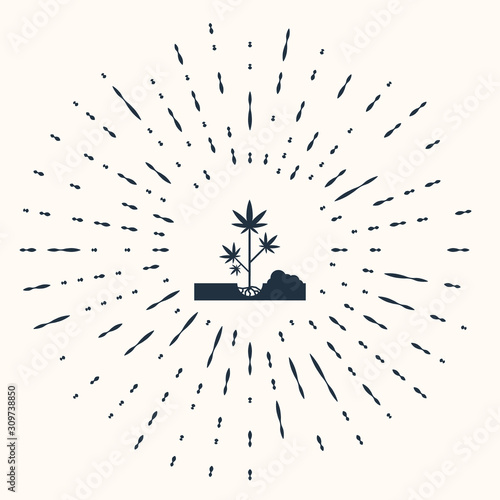 Grey Planting marijuana or cannabis plant in the ground icon isolated on beige background. Marijuana growing concept. Hemp symbol. Abstract circle random dots. Vector Illustration