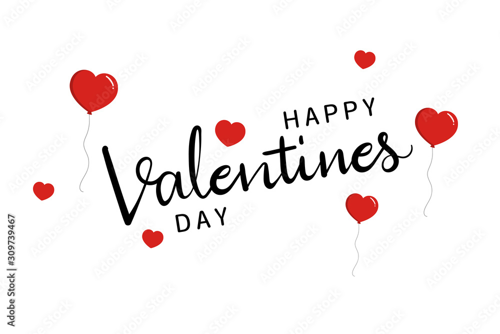 Happy Valentine's  Day greeting card with calligraphy lettering and cute red balloons. -Vector