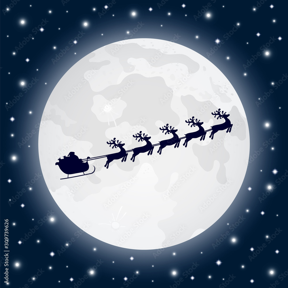 Naklejka premium Santa Claus rides in a sleigh of northern reindeer. Christmas landscape