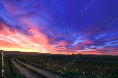 Country road in blue sunset