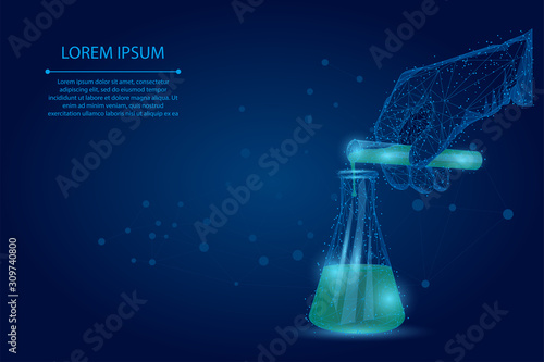 Abstract mash line and point medical laboratory analysis. Medicine low poly wireframe banner template. Polygonal scientist hand pours liquid from test tube into flask. Lab testing vector illustration.