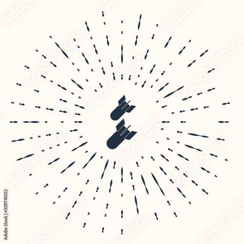 Grey Aviation bomb icon isolated on beige background. Rocket bomb flies down. Abstract circle random dots. Vector Illustration