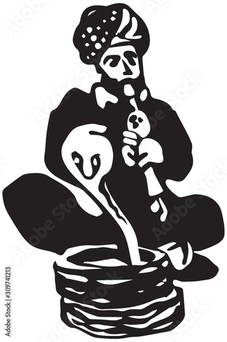Indian fakir, Snake charmer playing pungi and hypnotizing cobra in basket, woodcut linocut or stencil graffiti style vector illustration 