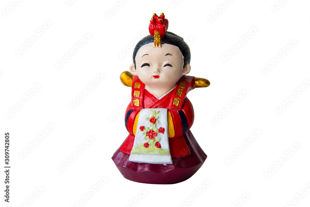 A decorative ceramic Korean figure, a female in traditional colorful clothes Han bock. Figure is allocated over a white background. Collecting. Hobby and leisure. Isolated A decorative ceramic Korean figure, a female in traditional colorful clothes Han bock. Figure is allocated over a white background. Collecting. Hobby and leisure. Isolated