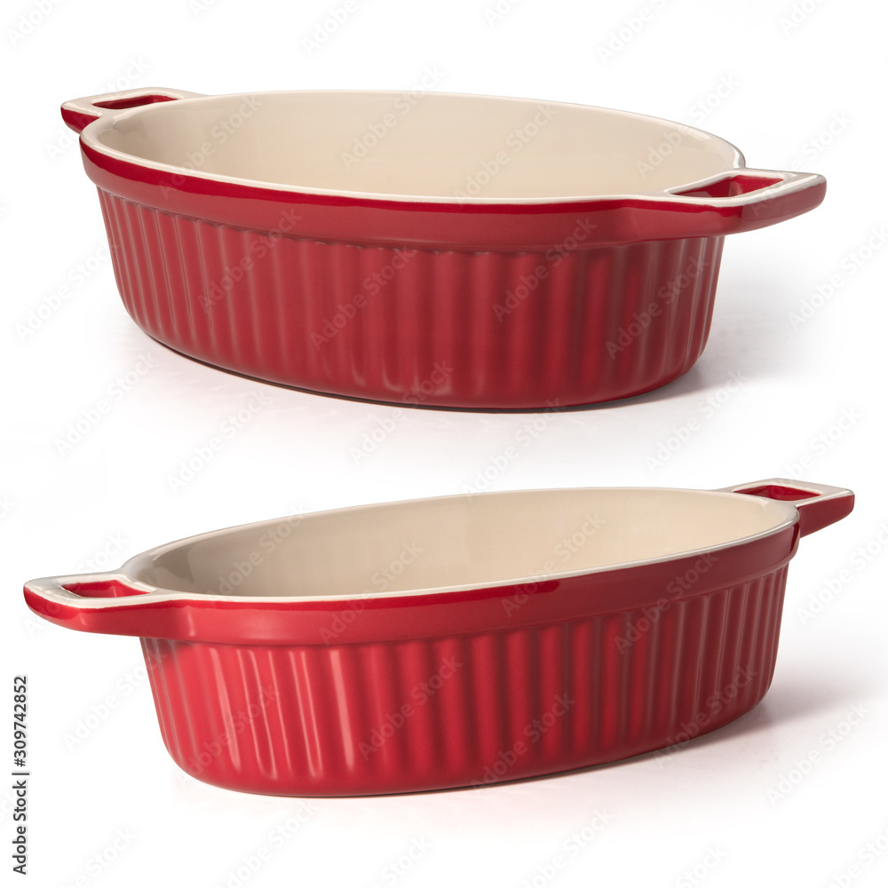 Red ceramic baking dish on a white background Red ceramic baking dish on a white background