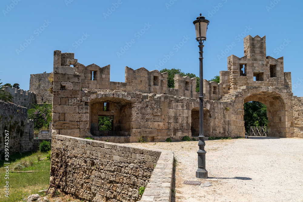 Part of the antique city wall in the old town of Rhodes city