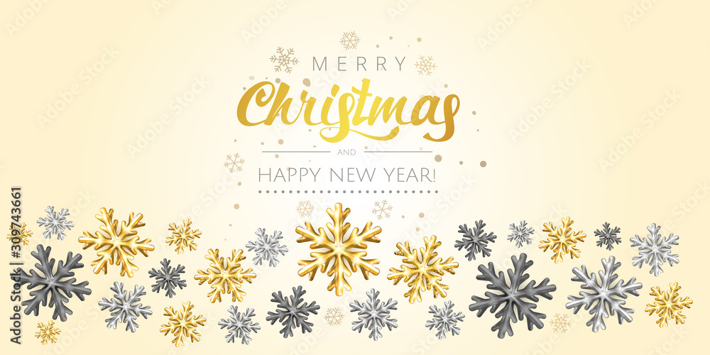 Golden Christmas Snowflake gliiter background. Festive xmas decoration gold shining  bright snowflake, snowflake border. Merry Christmas and Happy New Year Greeting card, holiday banner, web poster